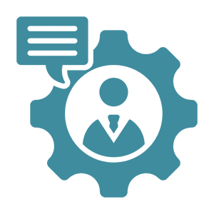 Blue icon of a person in a suit inside a gear, with a speech bubble containing three lines above the gear's top left side.