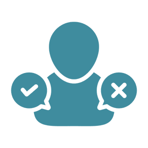 Blue icon of a person with a check mark in a speech bubble on the left and an X in a bubble on the right, representing decision making or choice.