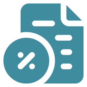 Blue icon showing a document with a large percentage symbol in front, representing financial documents or percentage calculations.