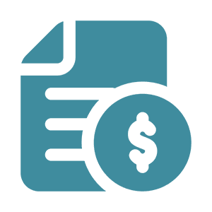 Blue icon of a document with a large dollar sign on a coin overlapping it, representing financial documents or billing.