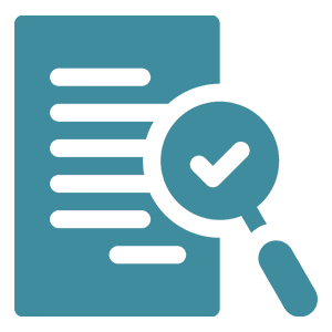 Blue icon of a document with lines and a magnifying glass overlay, featuring a check mark inside the magnifying glass.