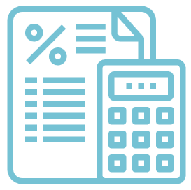 Blue line icon of a calculator next to a document with percentage symbols and charts, representing financial calculations or accounting.