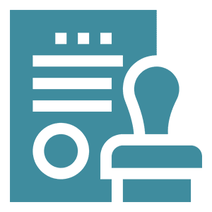 Blue icon showing a document with lines and a circle, next to a rubber stamp, indicating approval or certification.