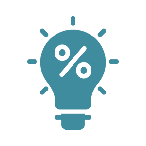 Blue icon of a lightbulb with a percent sign inside, symbolizing an idea related to percentages or discounts.