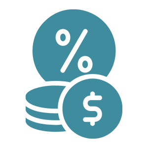 Blue icon showing stacked coins, a dollar sign, and a percentage symbol, representing financial concepts such as savings, interest rates, or investments.